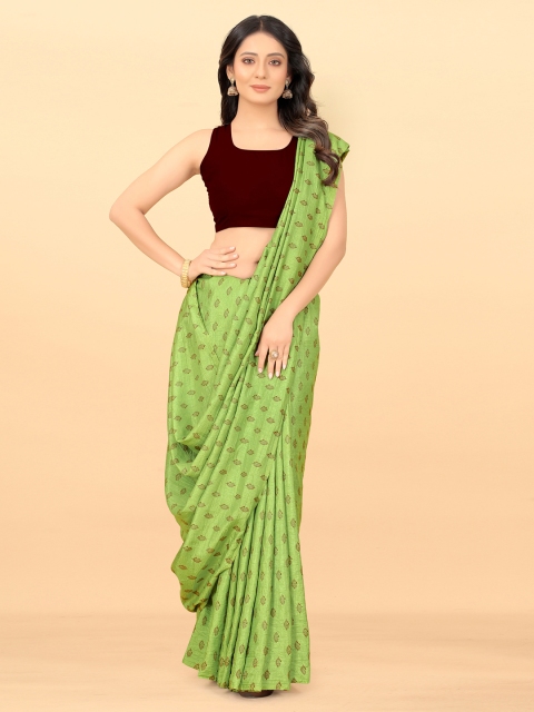 

Wuxi Lime Green & Black Ethnic Motifs Art Silk Block Print Saree