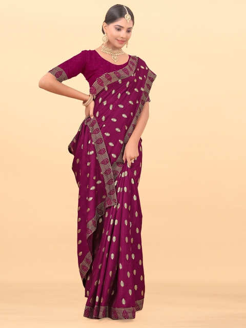 

Wuxi Purple & Gold-Toned Floral Art Silk Banarasi Saree