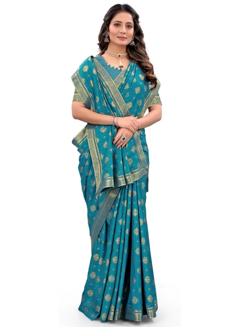 

Wuxi Blue & Gold-Toned Floral Art Silk Banarasi Saree