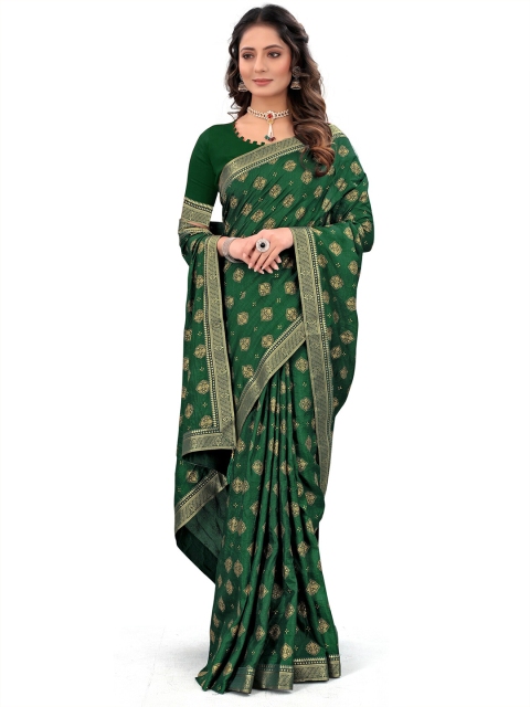 

Wuxi Green & Gold-Toned Floral Art Silk Banarasi Saree