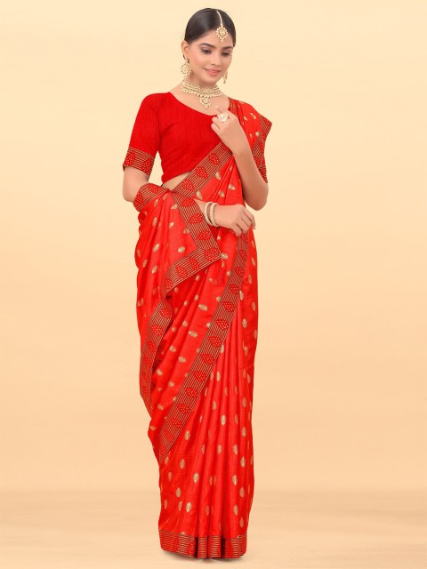 

Wuxi Red & Gold-Toned Floral Art Silk Banarasi Saree