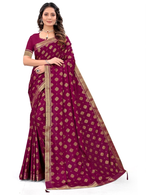 

Wuxi Purple & Gold-Toned Floral Art Silk Banarasi Saree