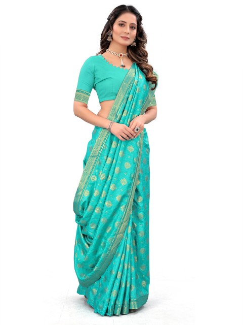 

Wuxi Turquoise Blue & Golden Ethnic Motifs Art Silk Banarasi Saree