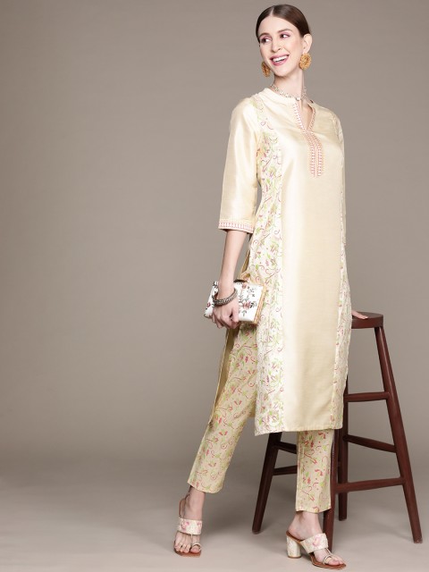 

ZIYAA Women Cream-Coloured & Pink Ethnic Motifs Printed Kurta with Trousers