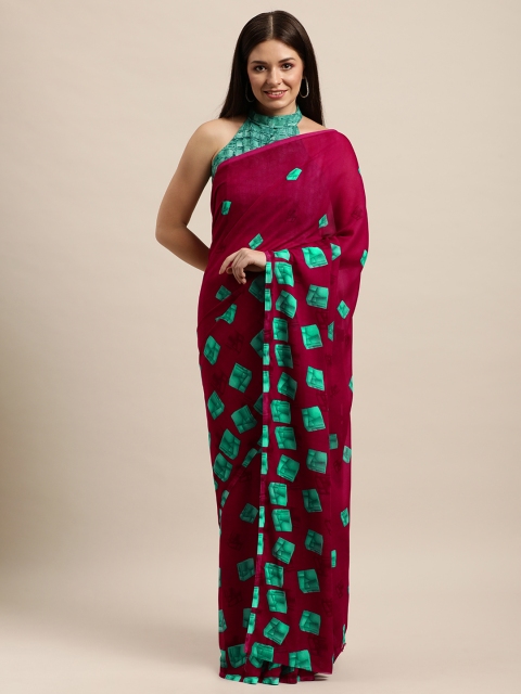 

KALINI Burgundy & Green Georgette Geometric Printed Saree