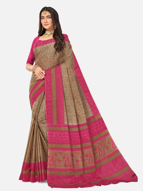 

SALWAR STUDIO Beige & Brown Pure Cotton Block Print Saree