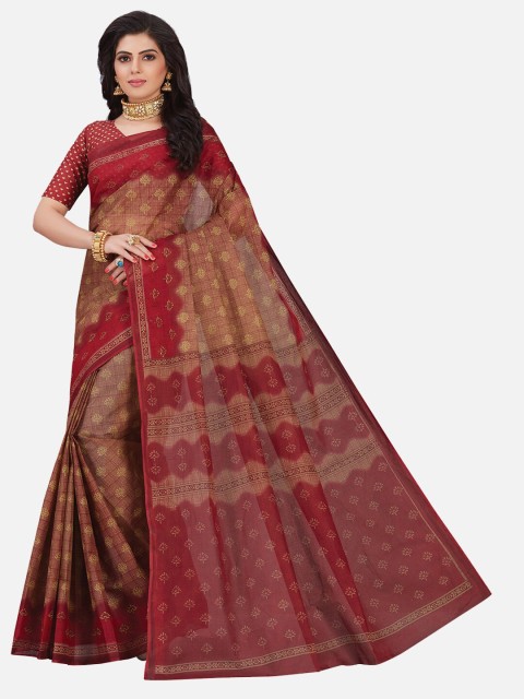 

SALWAR STUDIO Maroon & Beige Floral Pure Cotton Block Print Saree