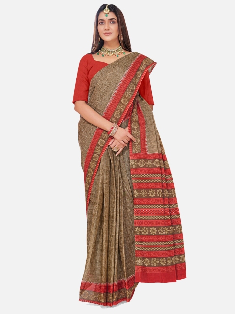 

SALWAR STUDIO Beige & Red Striped Pure Cotton Block Print Saree
