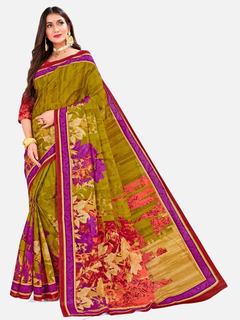

SALWAR STUDIO Green & Red Floral Pure Cotton Block Print Saree