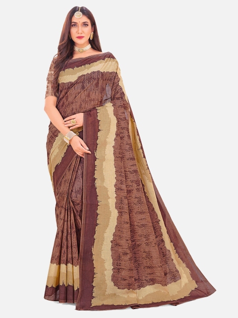 

SALWAR STUDIO Brown & Beige Floral Pure Cotton Block Print Saree