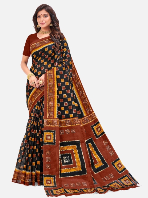 

SALWAR STUDIO Black & Brown Floral Pure Cotton Block Print Saree