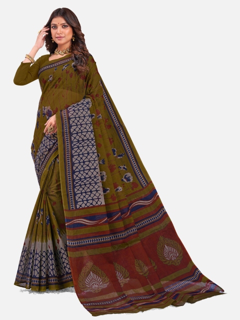 

SALWAR STUDIO Green & Blue Floral Pure Cotton Block Print Saree