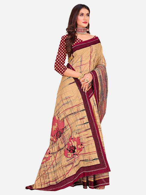 

SALWAR STUDIO Beige & Maroon Floral Pure Cotton Block Print Saree