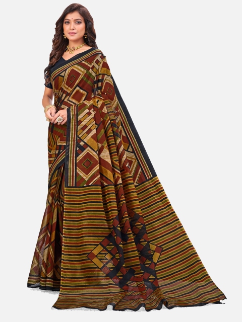 

SALWAR STUDIO Brown & Black Floral Pure Cotton Block Print Saree