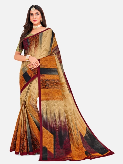 

SALWAR STUDIO Beige & Maroon Floral Pure Cotton Block Print Saree