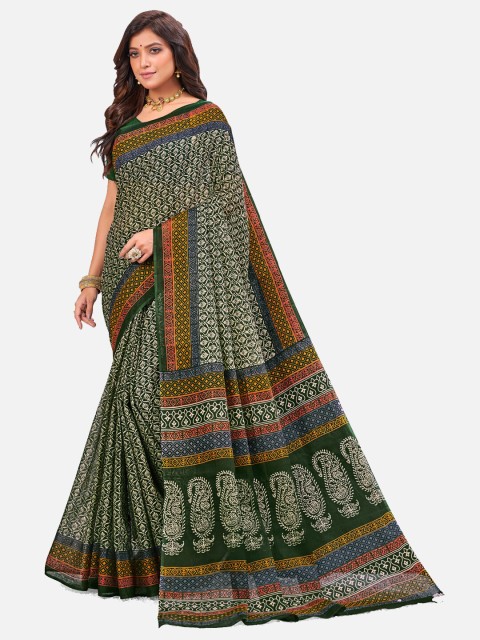 

SALWAR STUDIO Green & Red Floral Pure Cotton Block Print Saree