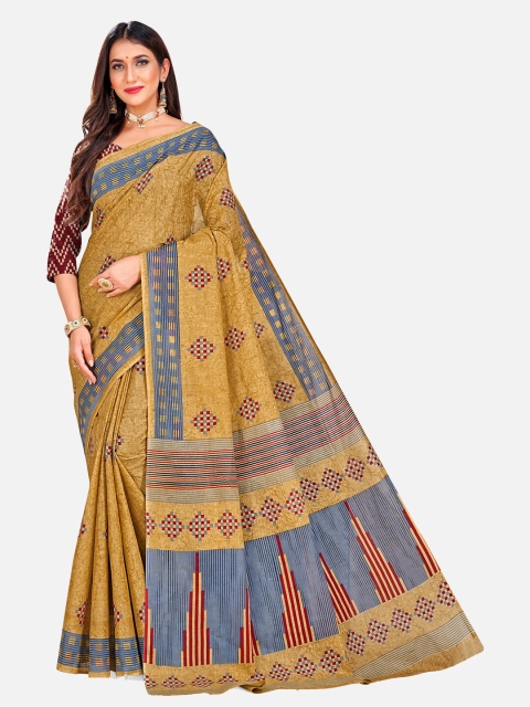 

SALWAR STUDIO Gold-Toned & Maroon Floral Pure Cotton Block Print Saree