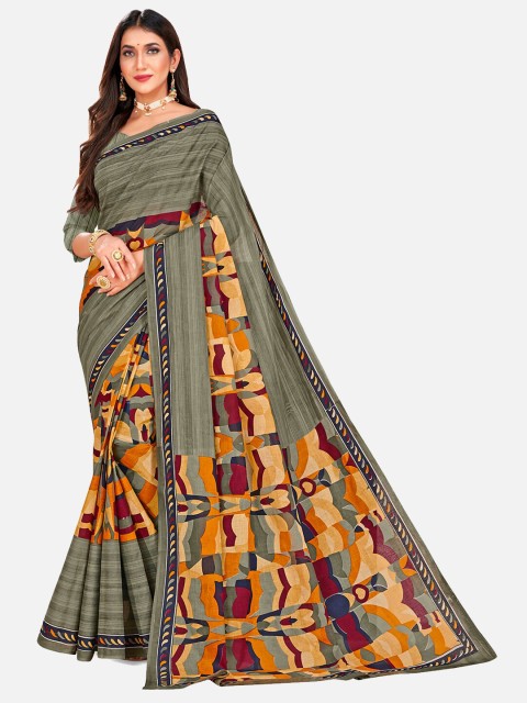 

SALWAR STUDIO Grey & Yellow Pure Cotton Block Print Saree