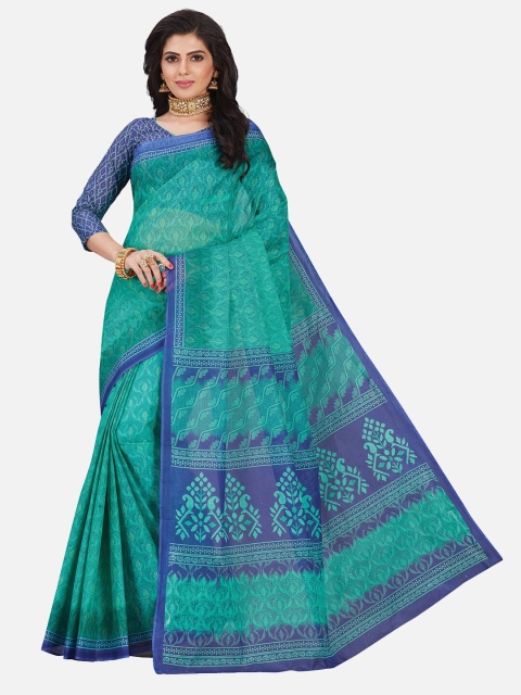 

SALWAR STUDIO Green & Blue Floral Pure Cotton Block Print Saree