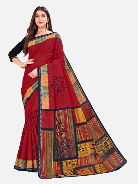 

SALWAR STUDIO Maroon & Green Floral Pure Cotton Block Print Saree