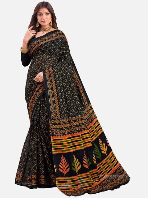 

SALWAR STUDIO Black & Brown Floral Pure Cotton Block Print Saree