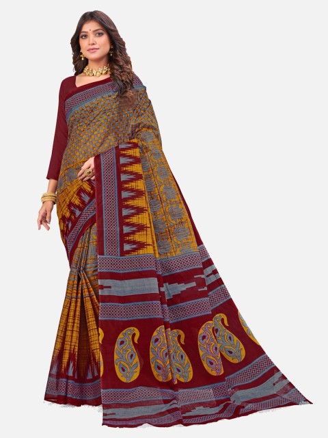 

SALWAR STUDIO Grey & Maroon Woven Design Pure Cotton Block Print Saree