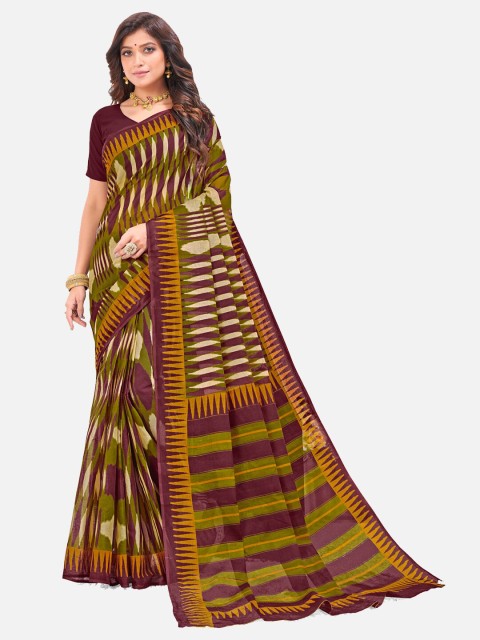 

SALWAR STUDIO Purple & Maroon Striped Pure Cotton Block Print Saree