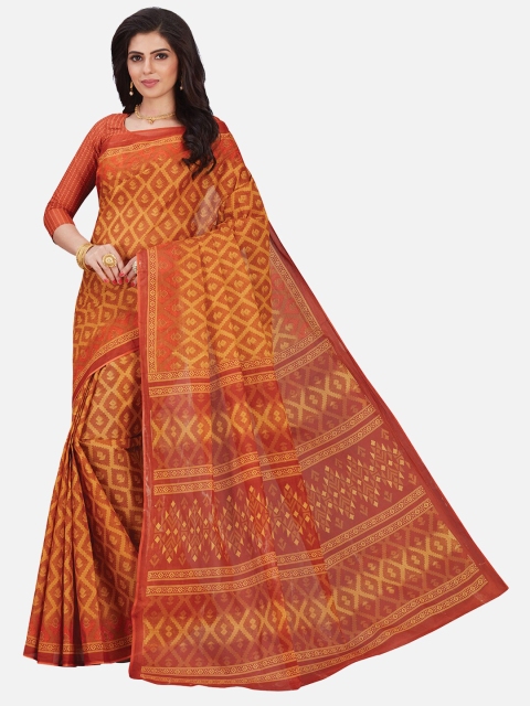 

SALWAR STUDIO Orange & Mustard Floral Pure Cotton Block Print Saree