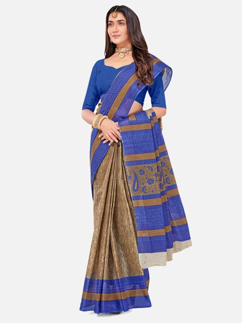 

SALWAR STUDIO Beige & Blue Pure Cotton Block Print Saree