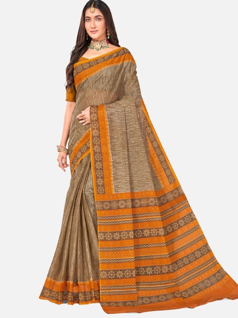 

SALWAR STUDIO Beige & Green Pure Cotton Block Print Saree