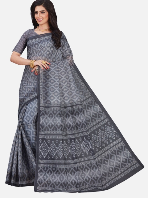 

SALWAR STUDIO Grey & Maroon Floral Pure Cotton Block Print Saree