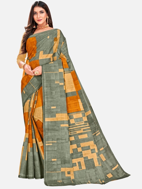 

SALWAR STUDIO Grey & Peach-Coloured Pure Cotton Block Print Saree