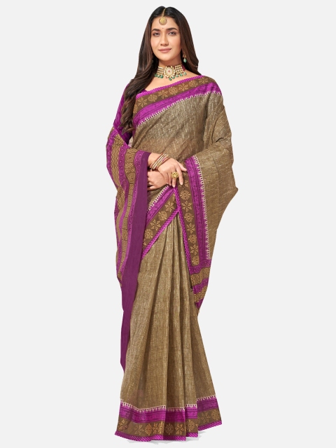 

SALWAR STUDIO Beige & Purple Floral Pure Cotton Block Print Saree