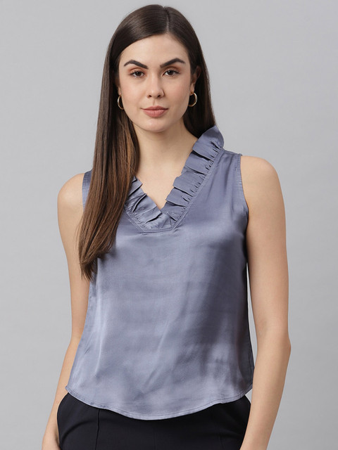 

JUNE & HARRY Blue Ruffles V-Neck Satin Top