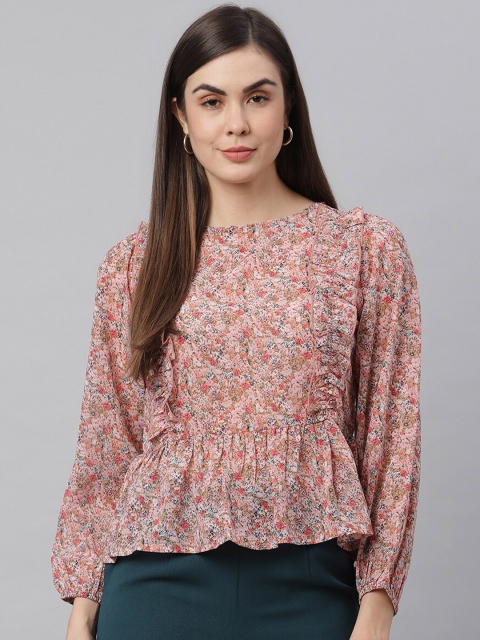 

JUNE & HARRY Peach-Coloured Floral Print Ruffles Georgette Peplum Top