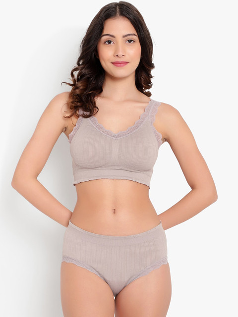 

PARKHA Women Beige Solid Ribbed Lightly-Padded Lingerie Set