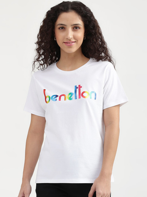 

United Colors of Benetton Women White Typography Cotton Printed T-shirt