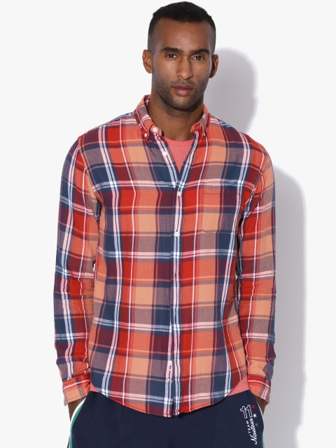 

Aeropostale Men Orange & Navy Checked Casual Shirt