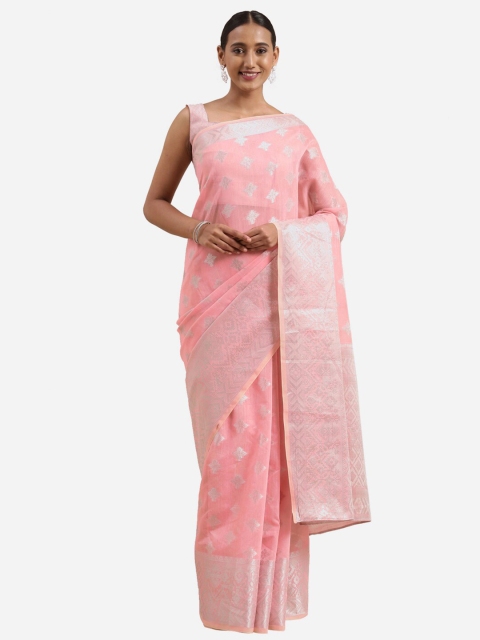 

Satrani Pink & Silver-Toned Woven Design Saree