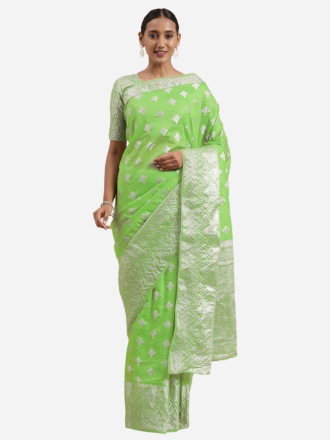

Satrani Green & Silver-Toned Floral Zari Saree