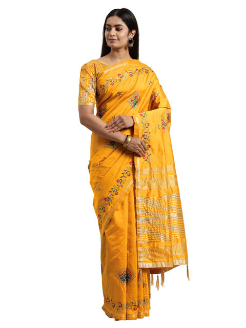 

Satrani Mustard & Red Embellished Saree