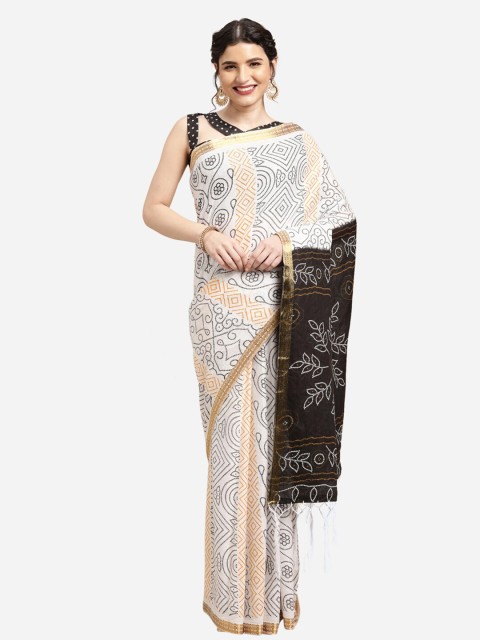 

Satrani White & Peach-Coloured Bandhani Saree
