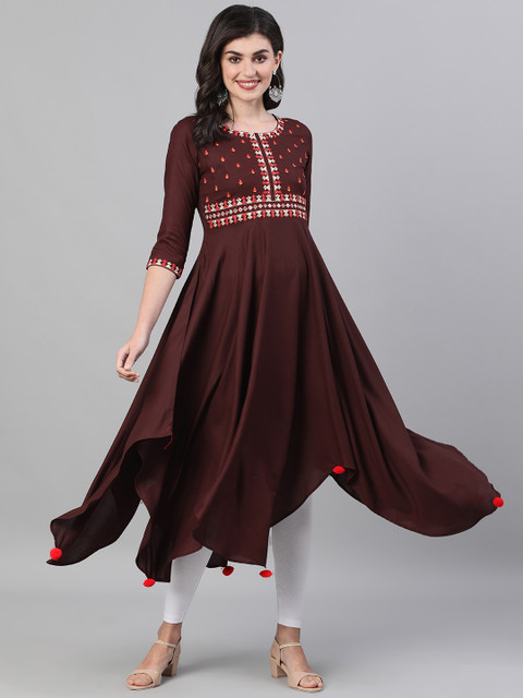 

GULMOHAR JAIPUR Women Brown Yoke Design Mirror Work Asymmetric Anarkali Kurta