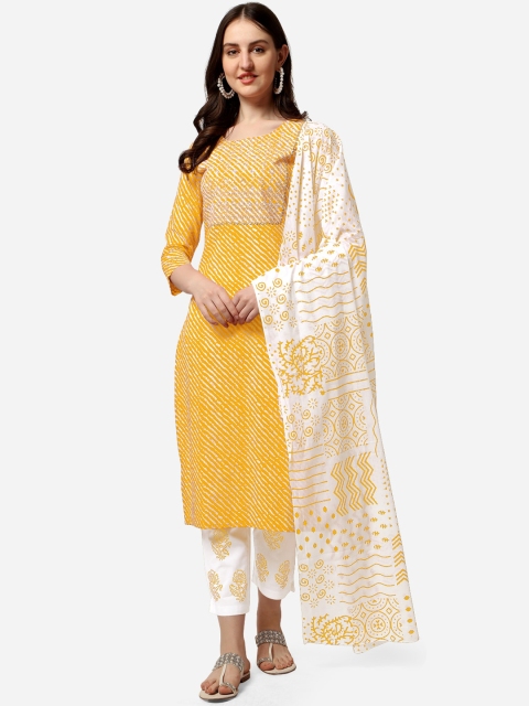 

MIRCHI FASHION Women Mustard Yellow Leheriya Gotta Patti Kurta with Trousers & Dupatta