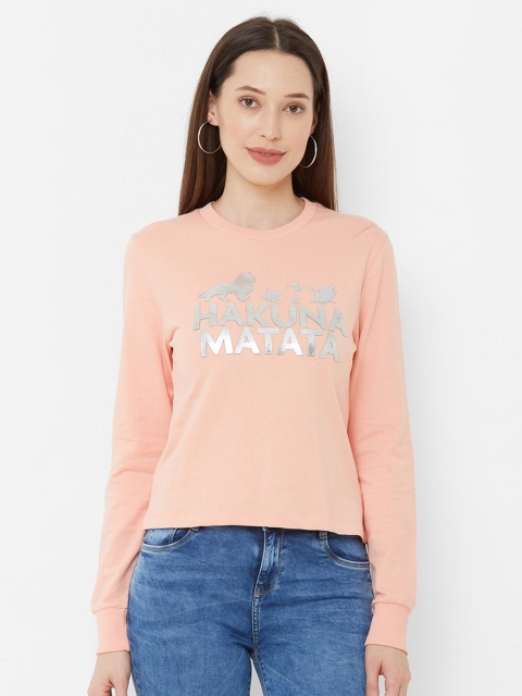 

Kraus Jeans Women Peach-Coloured Typography Printed Extended Sleeves Applique T-shirt