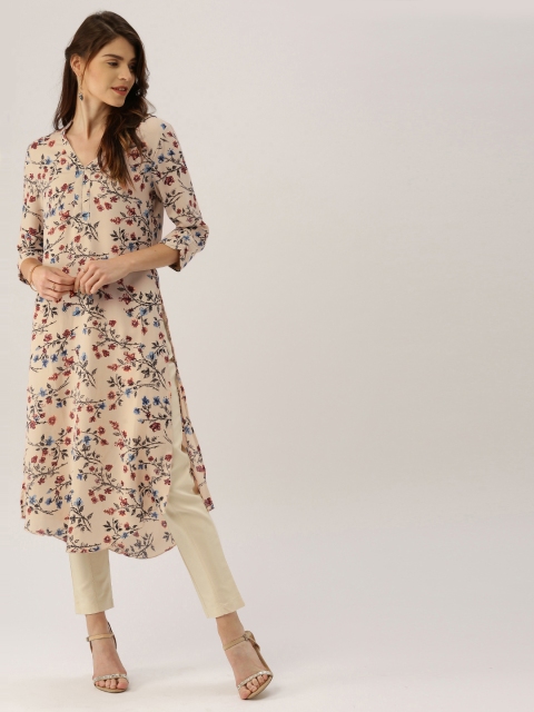 

all about you Women Beige Floral Printed Straight Kurta