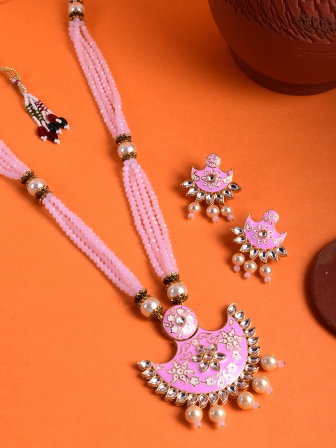 

STEORRA JEWELS Gold-Plated Pink-Coloured White Kundan Studded Choker Necklace Set