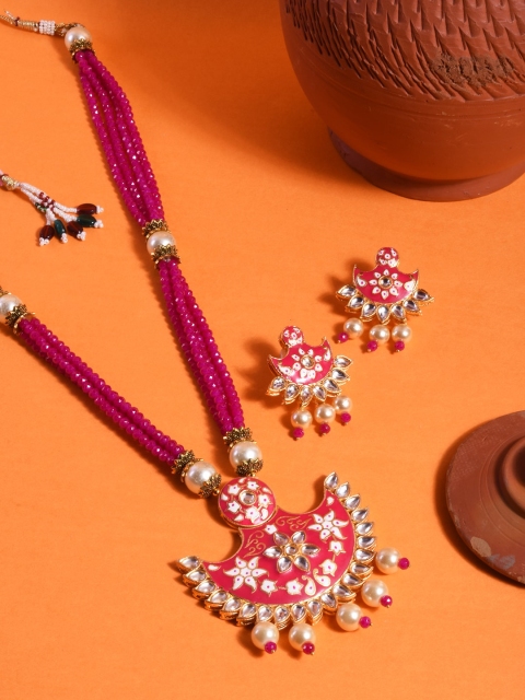 

STEORRA JEWELS Gold-Plated Pink Kundan Stone-Studded & Beaded Jewellery Set