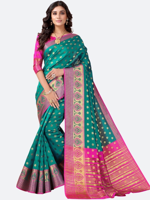 

Satrani Green & Pink Floral Zari Banarasi Saree