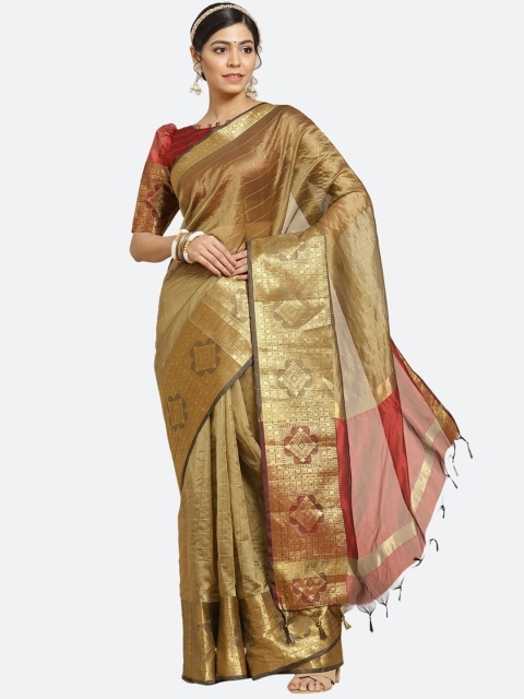 

Satrani Beige & Maroon Floral Zari Saree
